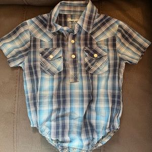 boys western pearl snap onesie blue white and black worn but still good